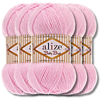 Zdjęcie produktu dla Alize 5x 100 g Baby Best Wełna, antypillingowa, jednolita, szydełkowanie, dzierganie (Powder Pink | 185)