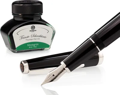 Produktbild von Füllhalter Set Cleo Skribent Classic Palladium Schwarz, Patronen-Füllhalter und 30 ml Tinte Grün