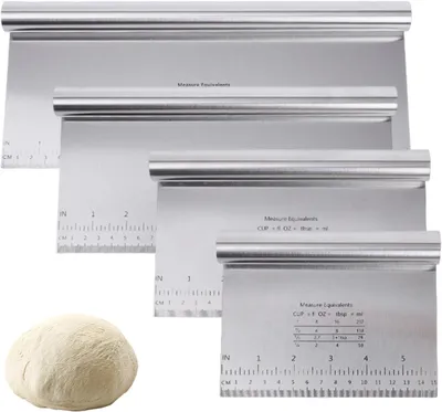 Produktbild von Edelstahl Teigkarte Set 4-teilig mit Messskala, Backschaber für Brot, Kuchen & Pizza, rostfrei, präzises Backzubehör für Küche