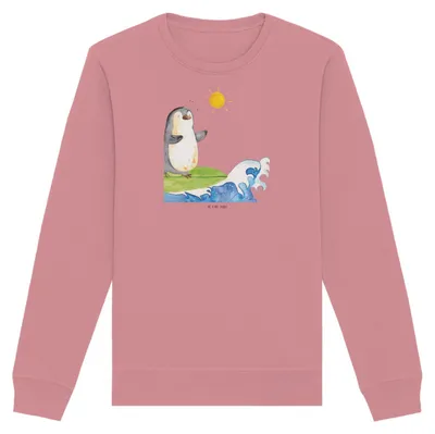 Produktbild von Mr. & Mrs. Panda Bio Baumwoll Pullover Pinguin Surfer Größe L - Canyon Pink - Geschenk, Optimistisch, Sweatshirt, Portugal, Sweater, Pulli, Motiviert, Hawaii, Surfen