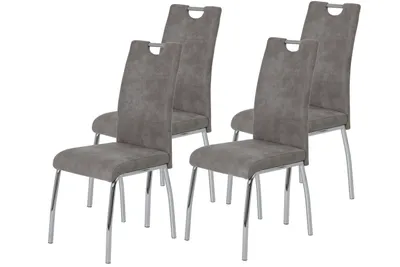 Produktbild von Hela Tische, 4er Set Esszimmerstuhl, Vierfuß-Stuhl Susi - Bezug Vintage Grau - Lehne mit Griff - Rundrohr Metallgestell verchromt - 120kg belastbar