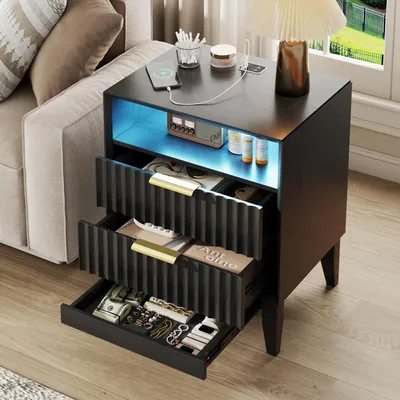 Produktbild von LVSOMT mit Ladestation und LED-Beleuchtung, versteckte Schublade mit RFID-Schloss, Nachttisch im Mid-Century-Modern-Stil für das Schlafzimmer,