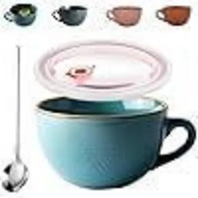 Produktbild von Große Keramiktasse mit Henkel 700ml Blau inkl. Deckel & Löffel