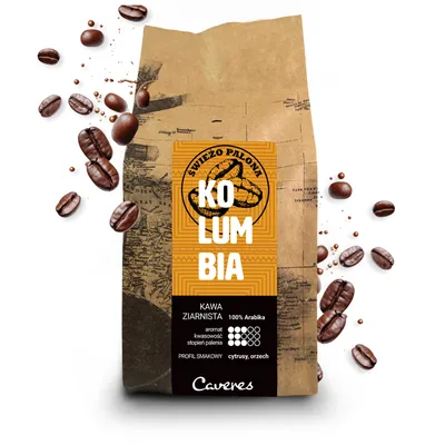 Zdjęcie produktu dla Świeżo palona kawa ziarnista Caveres Kolumbia Excelso 250g, 100% Arabica, do ekspresu, Rzemieślnicza Palarnia Premium