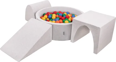 Produktbild von KiddyMoon spielplatz aus schaumstoff mit rund bällebad (300 bälle) ballgruben für babys spielbad hindernisläufen, hergestellt in der eu, hellgrau:gelb/grün/blau/rot/orange