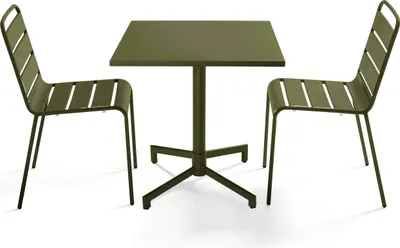 Immagine prodotto di Set tavolo e 2 sedie da giardino in metallo da 70 cm verde kaki - Oviala Palavas