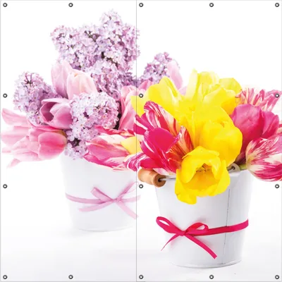 Produktbild von Wallario Outdoor-Poster für Garten oder Balkon, Motiv Zwei Blumen-Bouquets aus gelben und roten Tulpen und Flieder, in ca. 180 x 180 cm