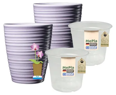 Produktbild von MePla - 2 Stück - Orchideekübel Bergamo Lasur ø 13 flieder + Planztopf Orchidee ø 12