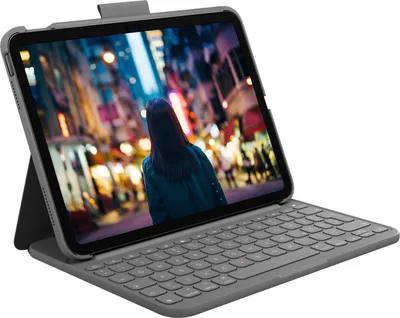 Produktbild von Logitech Slim Folio Tastatur-Case für iPad (10. Generation und A16) mit integrierter kabelloser Bluetooth-Tastatur, Deutsches QWERTZ-Layout - Graphit