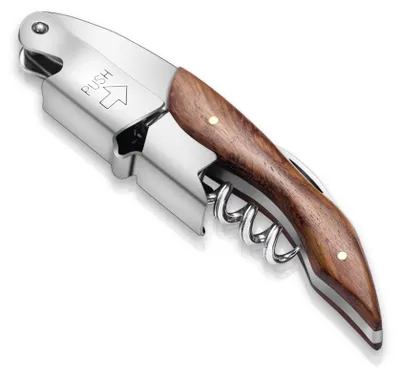 Image de Ouvre-bouteille multifonction avec coupe-capsule – Acier inoxydable et manche en bois – Pour bouteilles de vin et de bière – 1 pièce