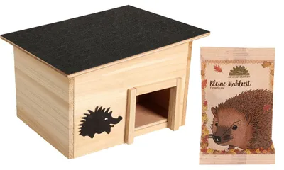 Produktbild von Premium Igelhaus Bausatz aus Holz mit sicherem Labyrintheingang und abnehmbarem Dach, inkl. Igelfutter-Mahlzeit