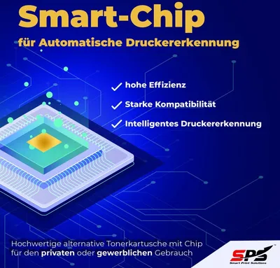 A marketing image for a smart chip for automatic printer recognition, featuring a stylized chip graphic and bullet points highlighting features.