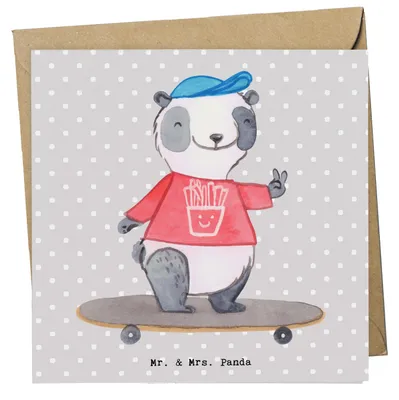 Produktbild von Mr. & Mrs. Panda doppelkarte Panda Longboard fahren - Grau Pastell - Geschenk, Grußkarte, anlasskarte, faltkarte, Glückwunschkarte, Skaten, Klappkarte
