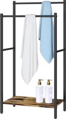 Zdjęcie produktu dla Wieszak na ręczniki Relaxdays z półką, wys. x szer. x gł.: 81,5 x 42 x 24 cm, styl industrialny, 2 drążki, wieszak na ręczniki, ciemnobrązowy/czarny