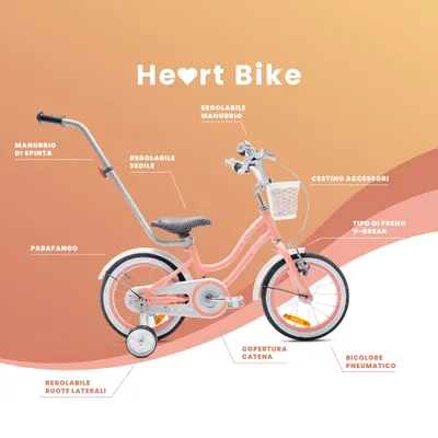 Immagine prodotto di SUN BABY Heart Bike: bicicletta per bambine da 14 pollici, a partire dai 3 anni, con rotelle, manubrio di spinta rimovibile, cestino, campanello, freno a contropedale e V-brake