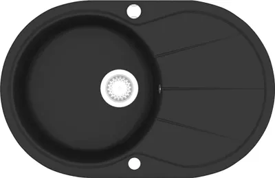 A top-down view of a black granite kitchen sink with a drainboard.