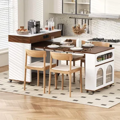 Produktbild von Kücheninsel mit Rollen Ausziehbarer Esstisch LED Beleuchtung Steckdosen Schwarz Sideboard Bartisch