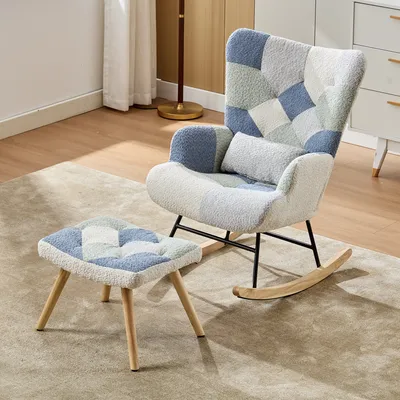 Produktbild von MODFU Schaukelstuhl ,Esszimmerstuhl  mit Fußhocker,Relaxsessel für Wohnzimmer, Schlafzimmer, Büro,Beige + Blau