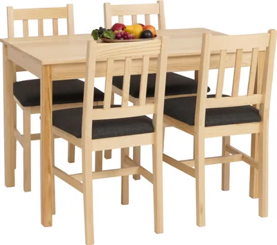 A wooden dining table with four chairs, set against a white background. A bowl of fruit is on the table.