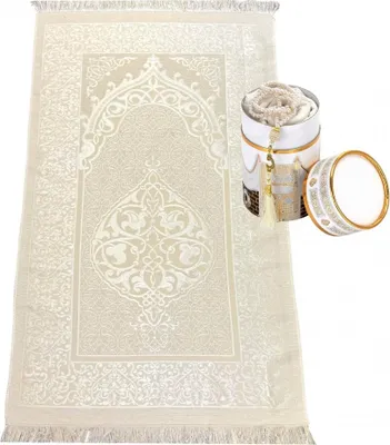 Immagine prodotto di Tappeto di preghiera in taffetà bianco 65 x 110 cm con scatola regalo e 99 catene di preghiera - regalo elegante per la preghiera e il viaggio Dimensioni - 65 x 110 cm