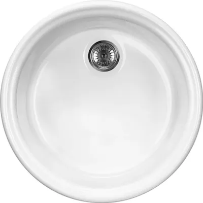 A top-down view of a white ceramic sink with a chrome drain.
