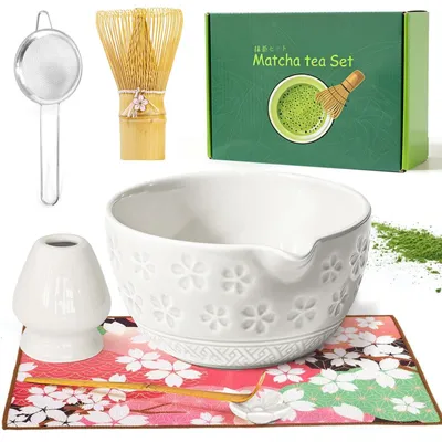 Immagine prodotto di Solidchoice - Set tradizionale per la preparazione del tè matcha, composto da 7 elementi, con tazza in Vetroceramica e frusta in bambù