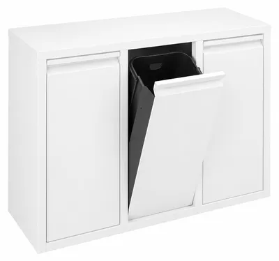 Zdjęcie produktu dla Pojemnik na śmieci Relaxdays, 3 komory, 3 x 10 litrów, z klapą, wyjmowane wewnętrzne pojemniki, metal, do postawienia na podłodze lub montażu na ścianie, biały
