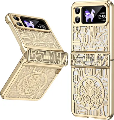 A gold-colored phone case with intricate circuit board and mechanical designs, shown from two angles.