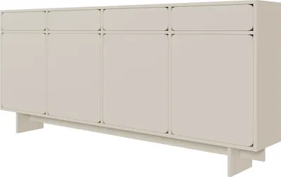 A neutral-toned sideboard with four doors and three drawers on top, presented against a white background.