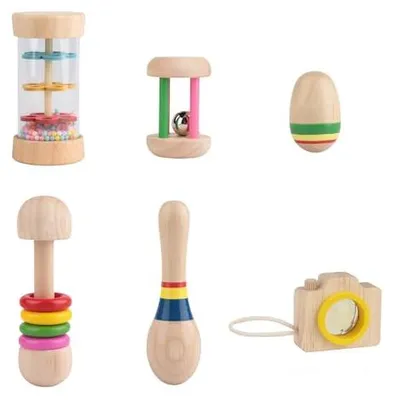 Produktbild von 6pcs Montessori Holz Rassel - Musik Holz Spielzeug, Montessori Sensorik Spielzeug, musikinstrumente Geschenk für Jungen und Mädchen, Geburtstagsgeschenk für Kinder