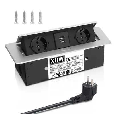 Produktbild von Aluminium Versenkbare Einbausteckdose, 3500W/16A, 2 Fach Tischplatte Versenkte Steckdose mit 2 USB, Mehrfachsteckdose für Arbeitsplatte Silber