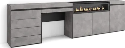 Produktbild von Sideboard, Kommode, 277x35x75 cm, Für Schlafzimmer, Zimmer, Elektrokamin., Kommode mit Schubladen, Schminktisch, Zementgrau