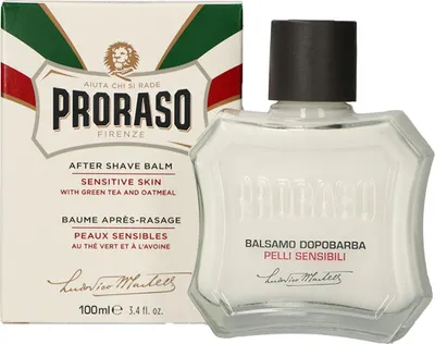 A bottle of Proraso After Shave Balm and its packaging are shown against a white background.