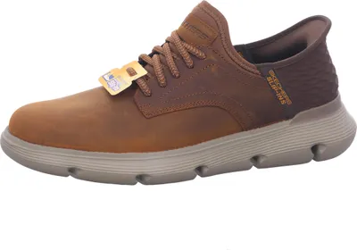 A single brown Skechers men's sneaker is shown against a white background.