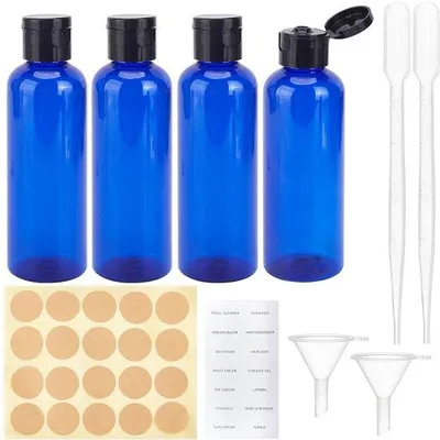 Produktbild von 6 Stück 100ml Reise-Flaschen - Blaue Druckflaschen mit Kippenverschlüssen