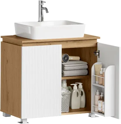 Produktbild von EUGAD Waschbeckenunterschrank, 2 Türen, 70 x 40 x 65 cm, Weiß und braune Holzoptik