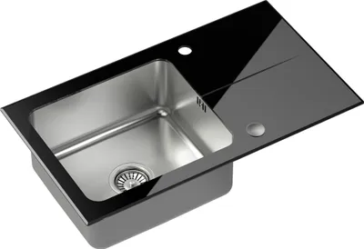 Obrázok produktu pre Kuchynský drez QUADRON s 1 misou | Rozmery: 77 x 44 x 19 cm | HUGH 111 | Kuchynský drez Sklo a nerezová oceľ so sifónom | Čierna a oceľ PVD