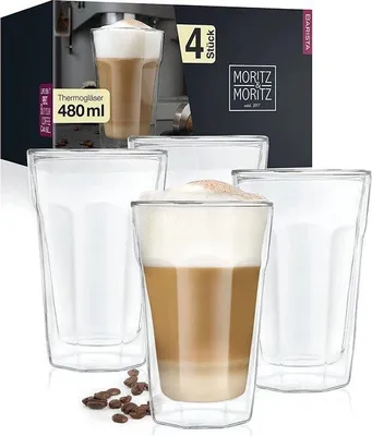 Zdjęcie produktu dla Zestaw 4 szklanek po 480 ml, idealnych do Latte Macchiato, dwuścienne – dwuścienne szklanki do kawy, herbaty, drinków lub deserów – nadają się do mycia w zmywarce