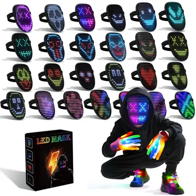 LED-Maske mit Handschuhen, 50 Muster, wiederaufladbar, schwarz