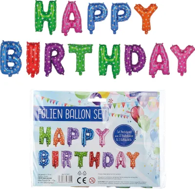 Produktbild von 1x Folienballon "Happy Birthday", bunt, 14teilig, Geburtstag, Party, Luft- und Heliumbefüllung, Deko, Girlande