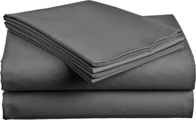 A stack of folded dark gray bed sheets.