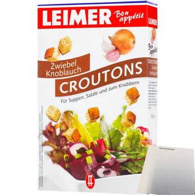 Produktbild von Leimer Croutons Zwiebel Knoblauch für Suppen Salat und zum Knabbern (100g Packung) + usy Block