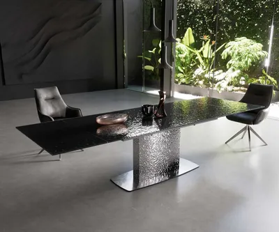 Produktbild von DELIFE Esstisch Edge 200-300x100 Reliefglas Rauchschwarz 3D-Design Wave Edelstahl ausziehbar