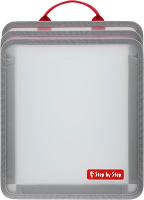 A product shot of a gray and white folder with a red handle and a red logo.