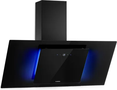 A black kitchen range hood with blue accent lighting.