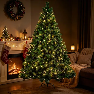 Image de Arbre de Noël Peviasot, 210 cm, artificiel, avec 400 LED blanc chaud, 1200 décorations, sapin artificiel avec pied en métal, idéal pour le salon