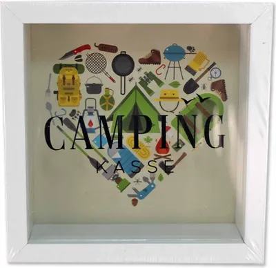 Produktbild von Camping Spardose aus Holz mit Glasfenster