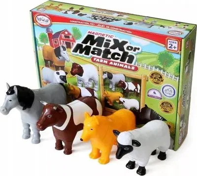 A set of farm animal toys and their packaging.