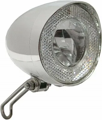 A close-up studio shot of a chrome bicycle headlight.