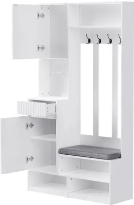 Produktbild von MODFU Flurgarderoben-Set Kleiderschrank mit Türen und Schubladen,Garderoben-Set Garderobenschrank mit Schuhbank,Wandgarderobe mit Haken,Weiß